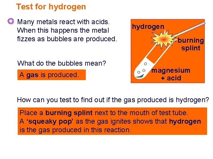 Test for hydrogen Many metals react with acids. When this happens the metal fizzes