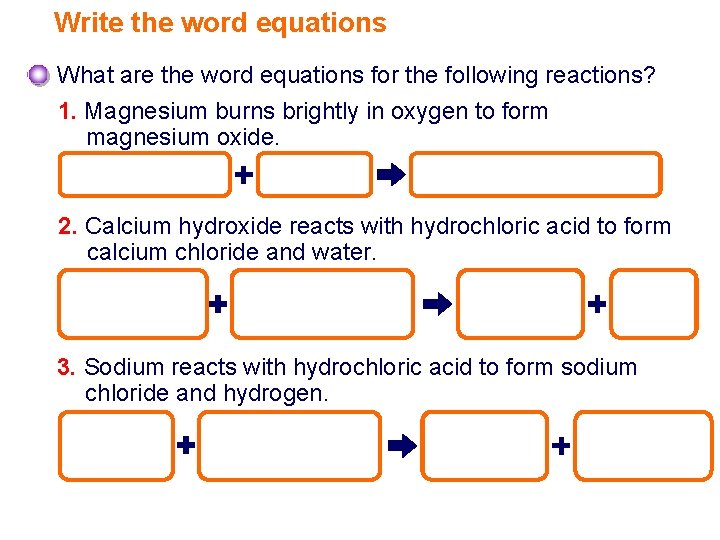 Write the word equations What are the word equations for the following reactions? 1.