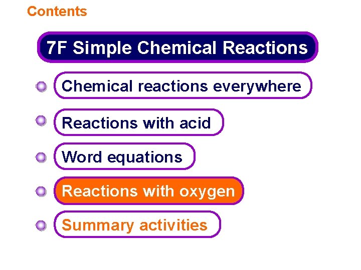 Contents 7 F Simple Chemical Reactions Chemical reactions everywhere Reactions with acid Word equations