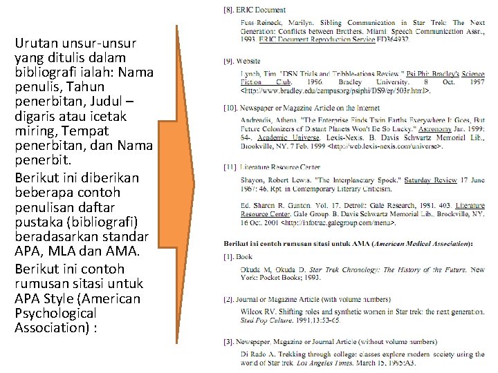 Urutan unsur-unsur yang ditulis dalam bibliografi ialah: Nama penulis, Tahun penerbitan, Judul – digaris