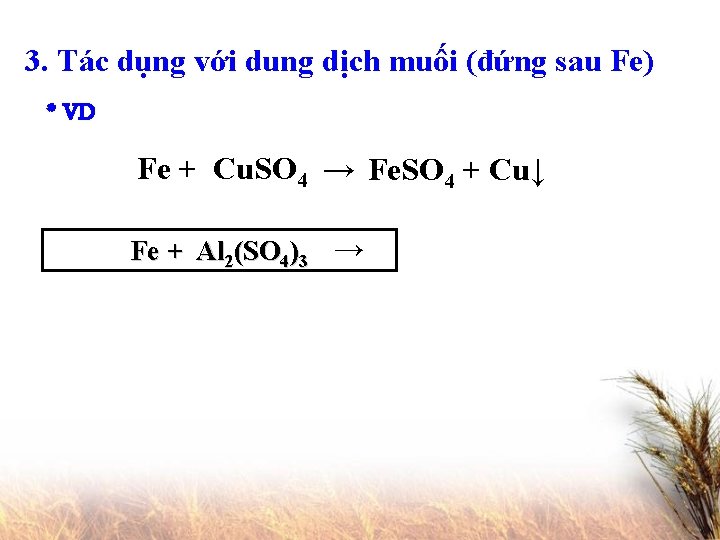 3. Tác dụng với dung dịch muối (đứng sau Fe) * VD Fe +