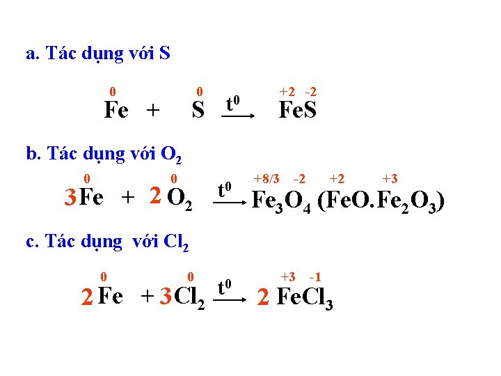 a. Tác dụng với S 0 0 Fe + S t 0 +2 -2