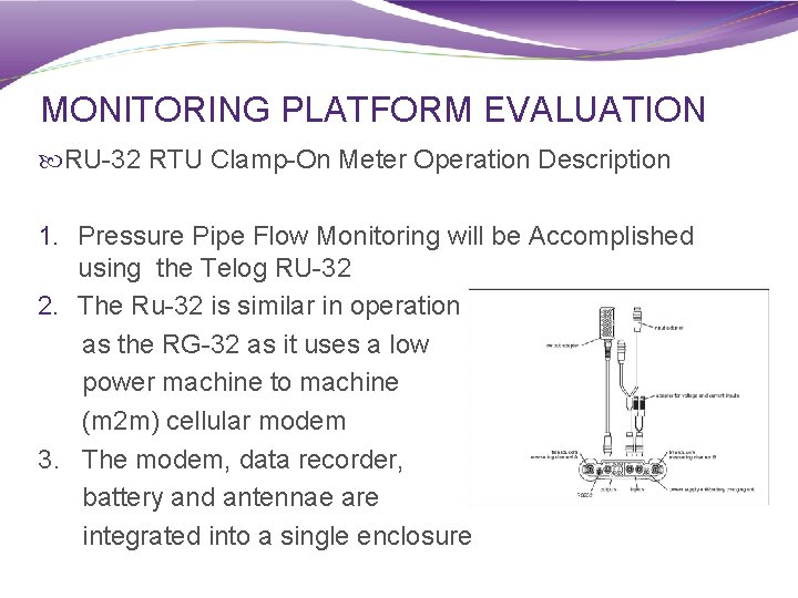 MONITORING PLATFORM EVALUATION RU-32 RTU Clamp-On Meter Operation Description 1. Pressure Pipe Flow Monitoring