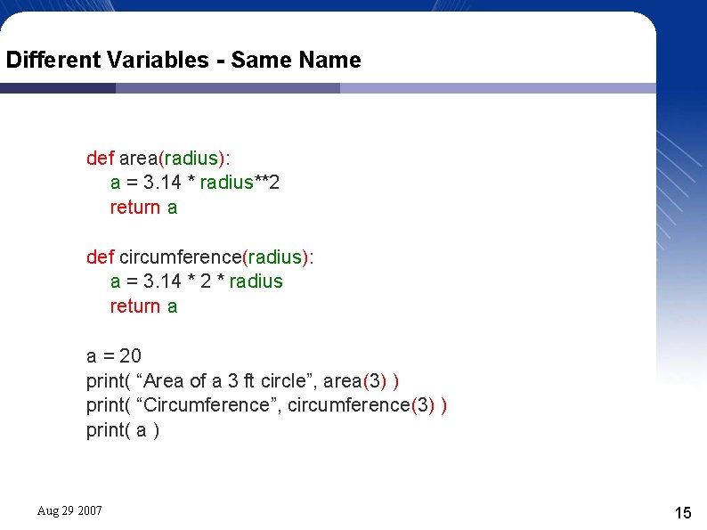 Different Variables - Same Name def area(radius): a = 3. 14 * radius**2 return