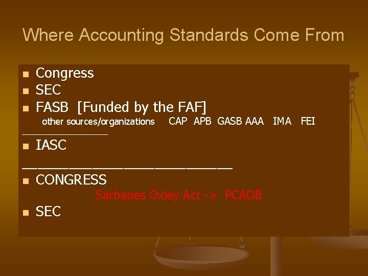 Where Accounting Standards Come From n n n Congress SEC FASB [Funded by the