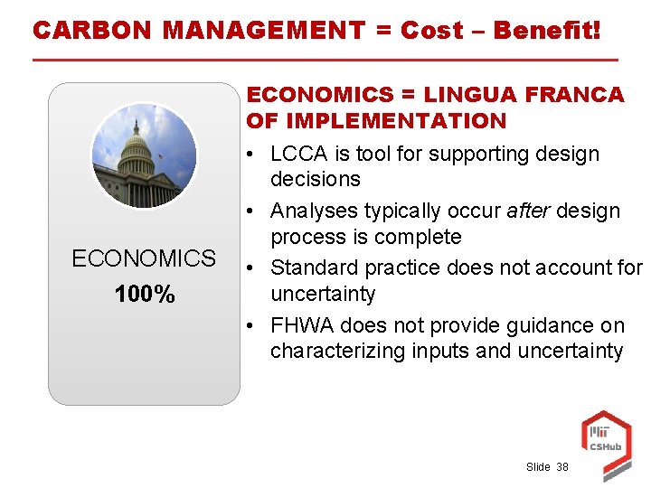 CARBON MANAGEMENT = Cost – Benefit! ECONOMICS 100% ECONOMICS = LINGUA FRANCA OF IMPLEMENTATION