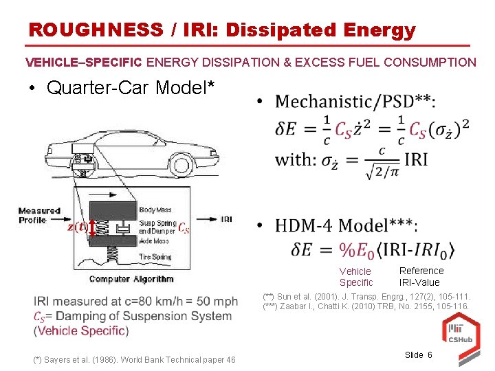 ROUGHNESS / IRI: Dissipated Energy VEHICLE–SPECIFIC ENERGY DISSIPATION & EXCESS FUEL CONSUMPTION • Quarter-Car
