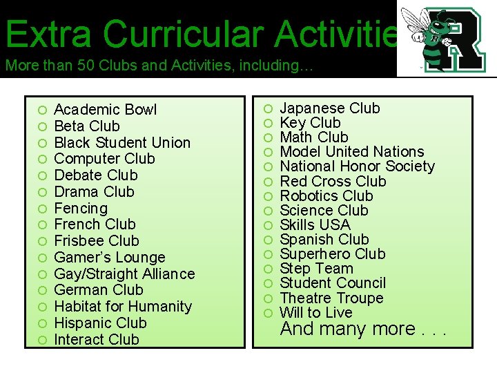 Extra Curricular Activities More than 50 Clubs and Activities, including… Academic Bowl Beta Club
