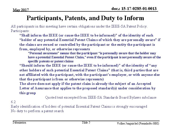 doc. : 15 -17 -0285 -01 -0013 May 2017 Participants, Patents, and Duty to