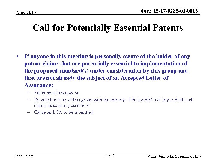 doc. : 15 -17 -0285 -01 -0013 May 2017 Call for Potentially Essential Patents