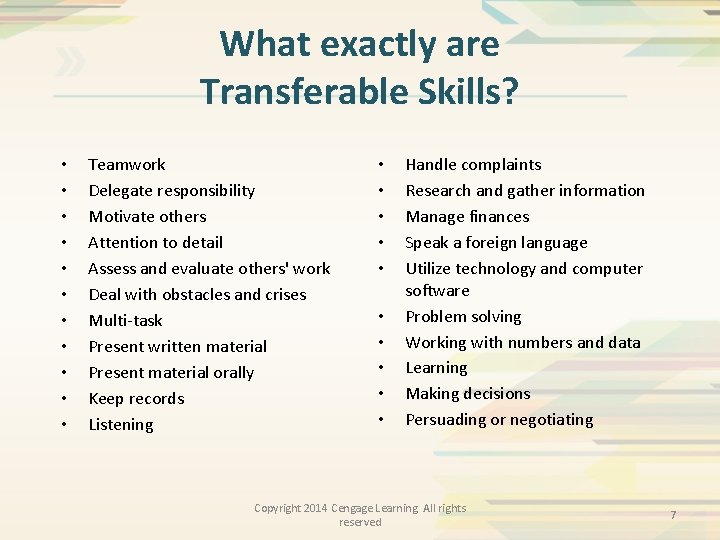 What exactly are Transferable Skills? • • • Teamwork Delegate responsibility Motivate others Attention