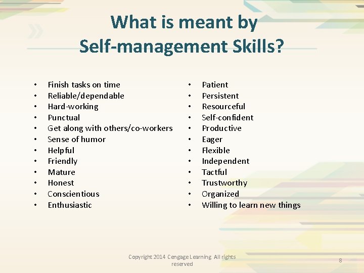 What is meant by Self-management Skills? • • • Finish tasks on time Reliable/dependable