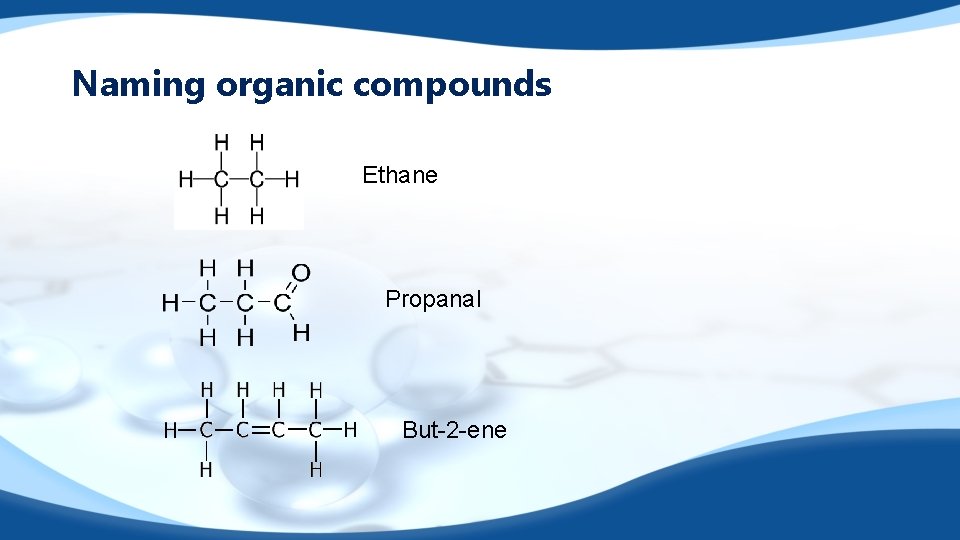 Naming organic compounds Ethane Propanal But-2 -ene 