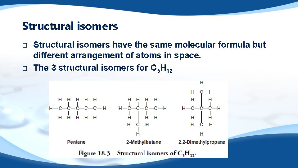 Structural isomers q q Structural isomers have the same molecular formula but different arrangement