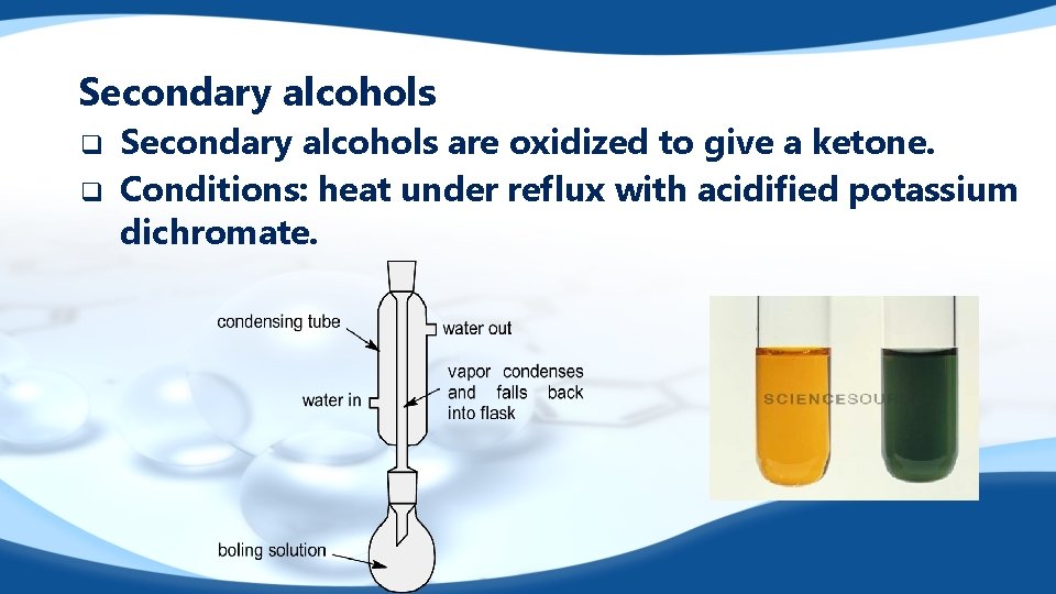 Secondary alcohols q q Secondary alcohols are oxidized to give a ketone. Conditions: heat