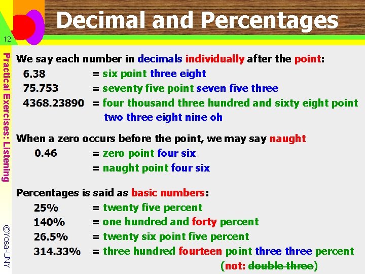 Decimal and Percentages 12 Practical Exercises: Listening We say each number in decimals individually