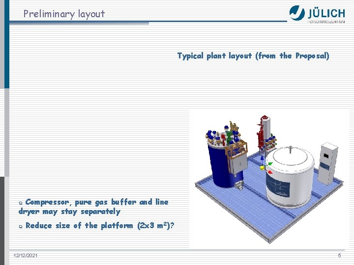 Preliminary layout Typical plant layout (from the Proposal) Compressor, pure gas buffer and line