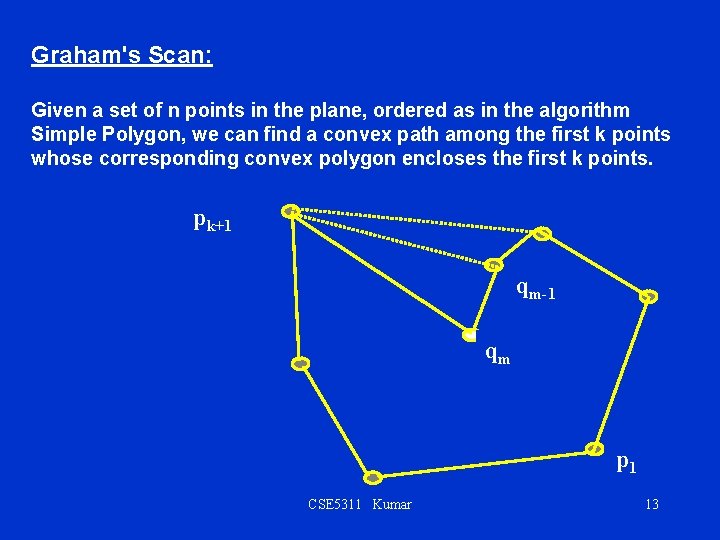 Graham's Scan: Given a set of n points in the plane, ordered as in