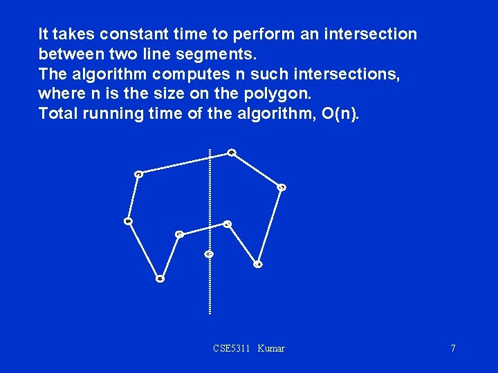 It takes constant time to perform an intersection between two line segments. The algorithm
