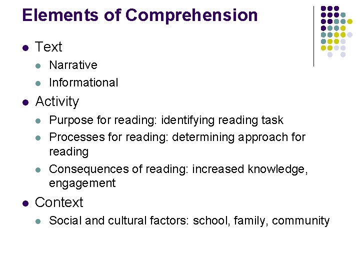 Elements of Comprehension l Text l l l Activity l l Narrative Informational Purpose