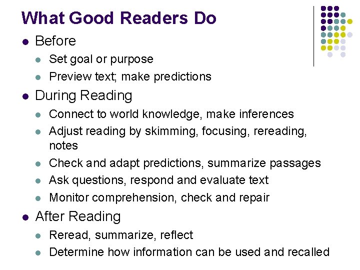 What Good Readers Do l Before l l l During Reading l l l