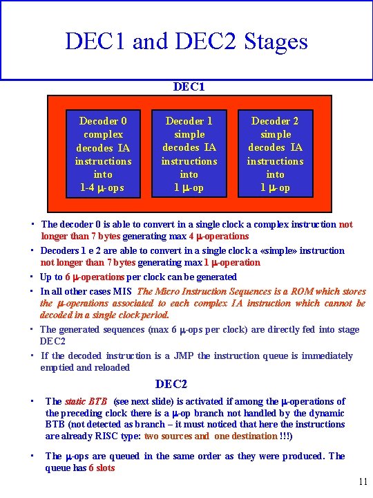 DEC 1 and DEC 2 Stages DEC 1 Decoder 0 complex decodes IA instructions