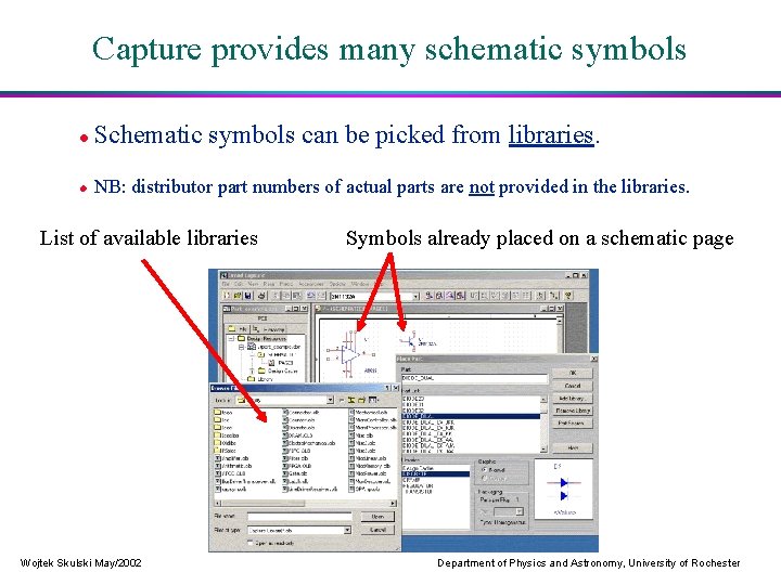 Capture provides many schematic symbols Schematic symbols can be picked from libraries. NB: distributor