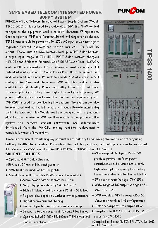 SMPS BASED TELECOM INTEGRATED POWER SUPPY SYSTEM PUNCOM offers Telecom Integrated Power Supply System