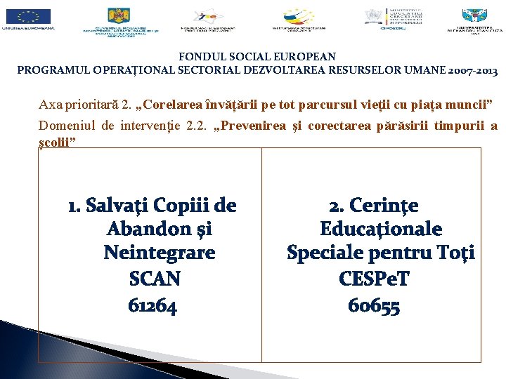 FONDUL SOCIAL EUROPEAN PROGRAMUL OPERAŢIONAL SECTORIAL DEZVOLTAREA RESURSELOR UMANE 2007 -2013 Axa prioritară 2.