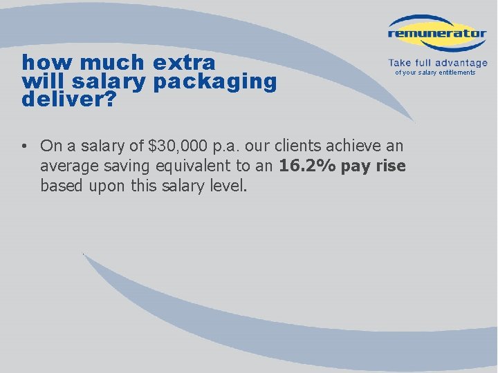 how much extra will salary packaging deliver? of your salary entitlements • On a