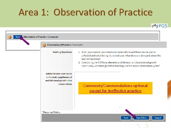 Area 1: Observation of Practice Comments/Commendations optional except for Ineffective practice 12 