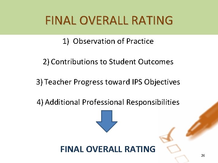FINAL OVERALL RATING 1) Observation of Practice 2) Contributions to Student Outcomes 3) Teacher