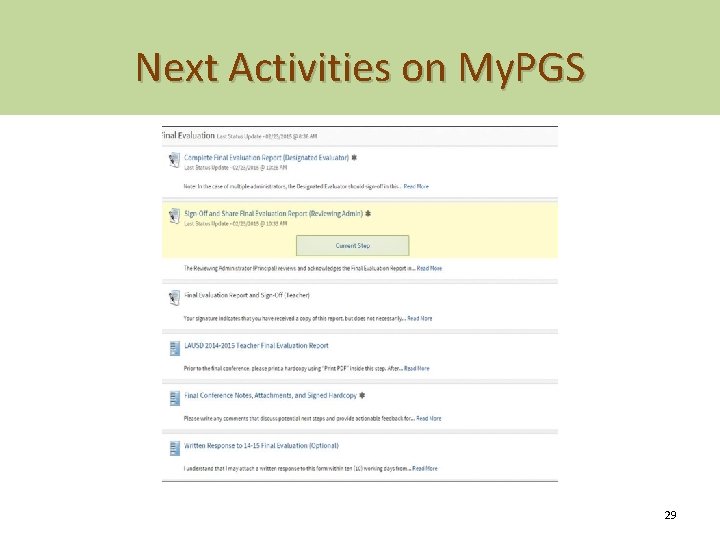 Next Activities on My. PGS 29 