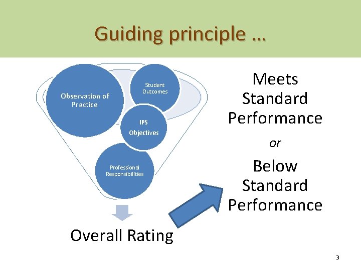 Guiding principle … Observation of Practice Student Outcomes IPS Objectives Professional Responsibilities Meets Standard