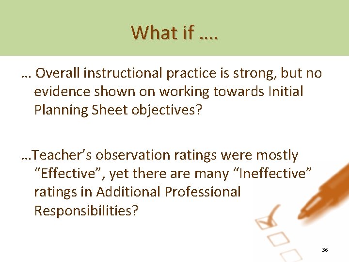 What if …. … Overall instructional practice is strong, but no evidence shown on