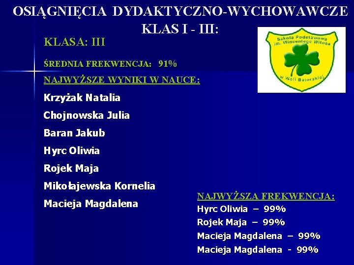 OSIĄGNIĘCIA DYDAKTYCZNO-WYCHOWAWCZE KLAS I - III: KLASA: III ŚREDNIA FREKWENCJA: 91% NAJWYŻSZE WYNIKI W