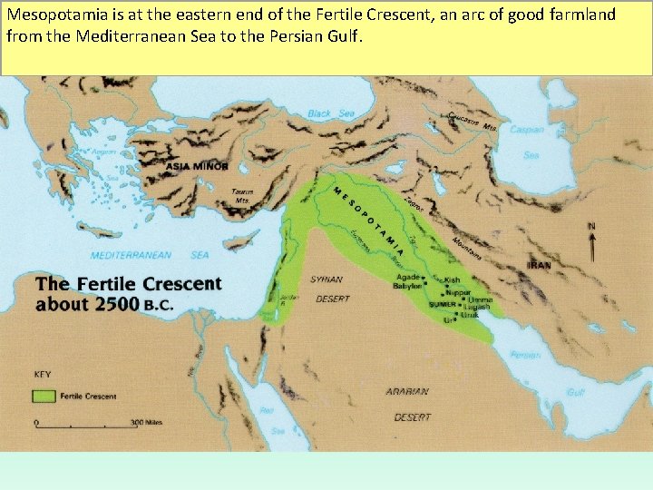 Mesopotamia is at the eastern end of the Fertile Crescent, an arc of good