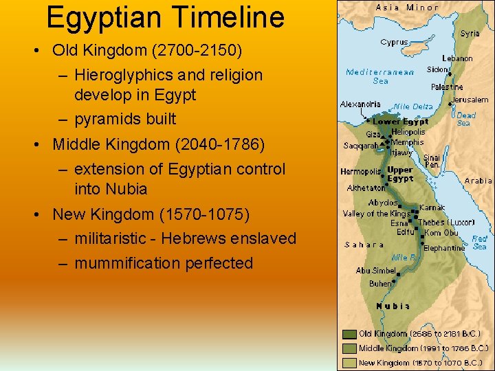 Egyptian Timeline • Old Kingdom (2700 -2150) – Hieroglyphics and religion develop in Egypt