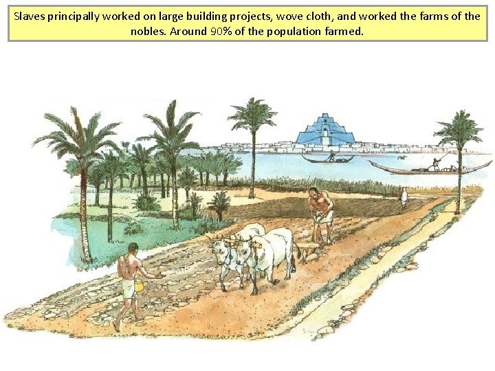 Slaves principally worked on large building projects, wove cloth, and worked the farms of