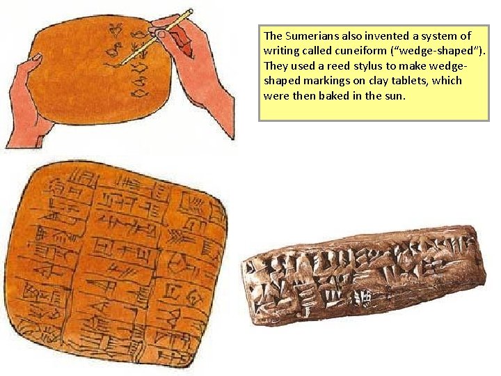 The Sumerians also invented a system of writing called cuneiform (“wedge-shaped”). They used a