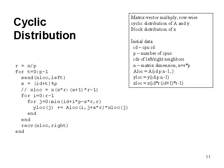 Cyclic Distribution r = n/p for t=0: p-1 send(xloc, left) s = (id+t)%p //