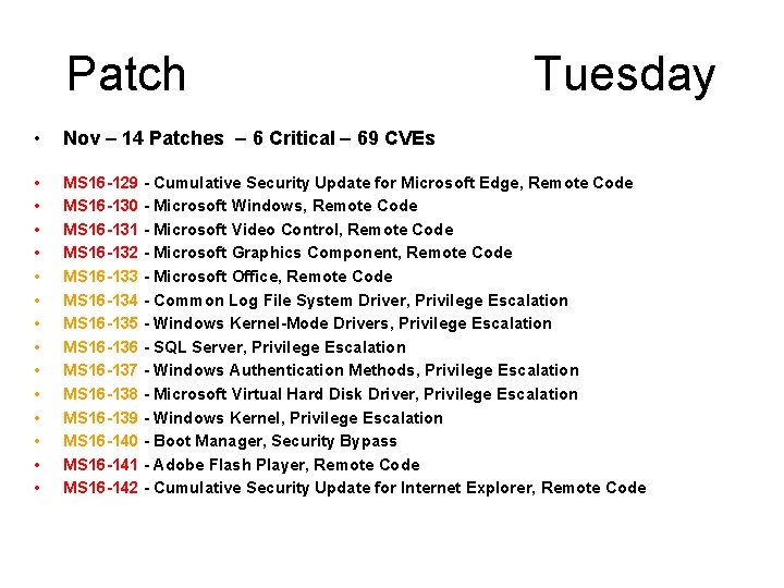 Patch Tuesday • Nov – 14 Patches – 6 Critical – 69 CVEs •