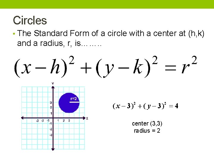 Circles • The Standard Form of a circle with a center at (h, k) Circles • The Standard Form of a circle with a center at (h, k)
