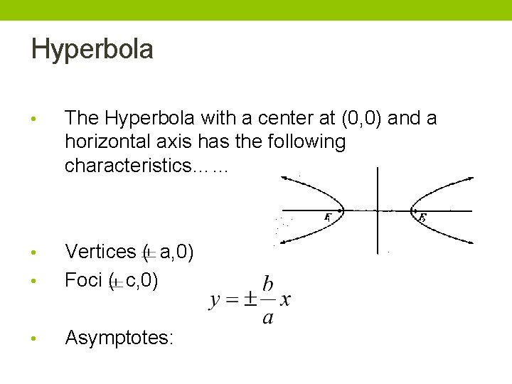 Hyperbola • The Hyperbola with a center at (0, 0) and a horizontal axis Hyperbola • The Hyperbola with a center at (0, 0) and a horizontal axis