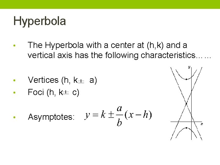 Hyperbola • The Hyperbola with a center at (h, k) and a vertical axis Hyperbola • The Hyperbola with a center at (h, k) and a vertical axis