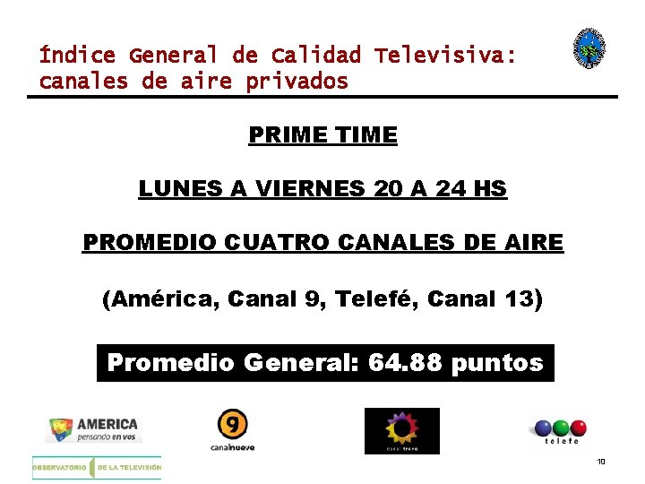 Índice General de Calidad Televisiva: canales de aire privados PRIME TIME LUNES A VIERNES