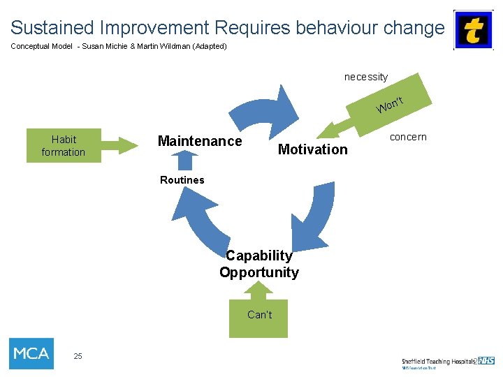 Sustained Improvement Requires behaviour change Conceptual Model - Susan Michie & Martin Wildman (Adapted)