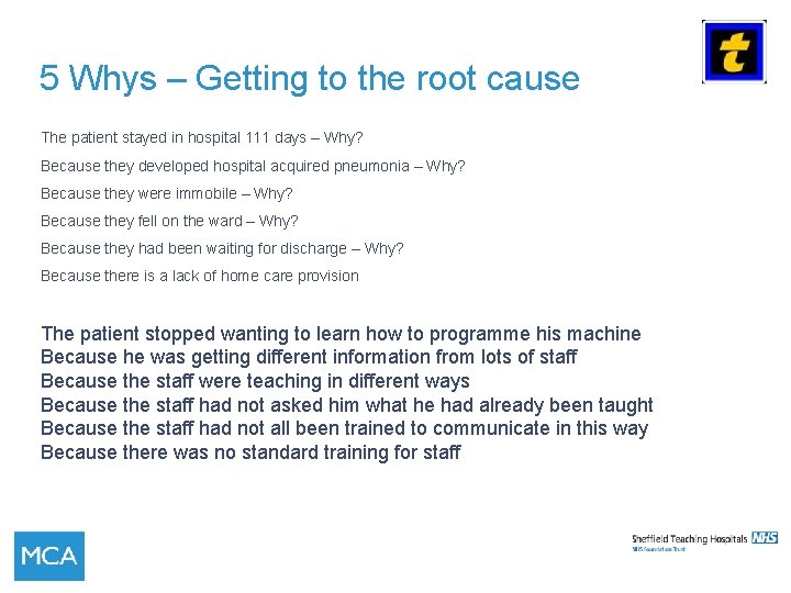 5 Whys – Getting to the root cause The patient stayed in hospital 111