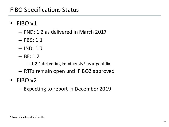 FIBO Specifications Status • FIBO v 1 – – FND: 1. 2 as delivered