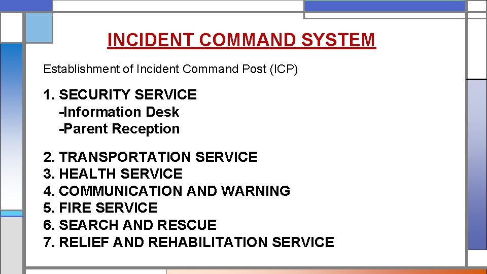 INCIDENT COMMAND SYSTEM Establishment of Incident Command Post (ICP) 1. SECURITY SERVICE -Information Desk